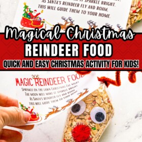 A printable tag being attached to reindeer food.