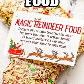 Reindeer food printable stabled to a bag of reindeer food.