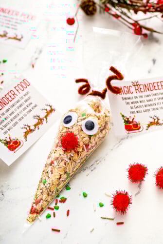 Reindeer food in a cone treat bag decorated like Rudolph with googly eyes, pipe cleaner antlers and a red pom pom nose.