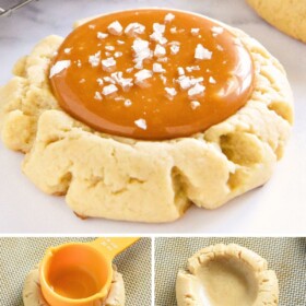 Salted caramel being added to the center of cooked sugar cookies.