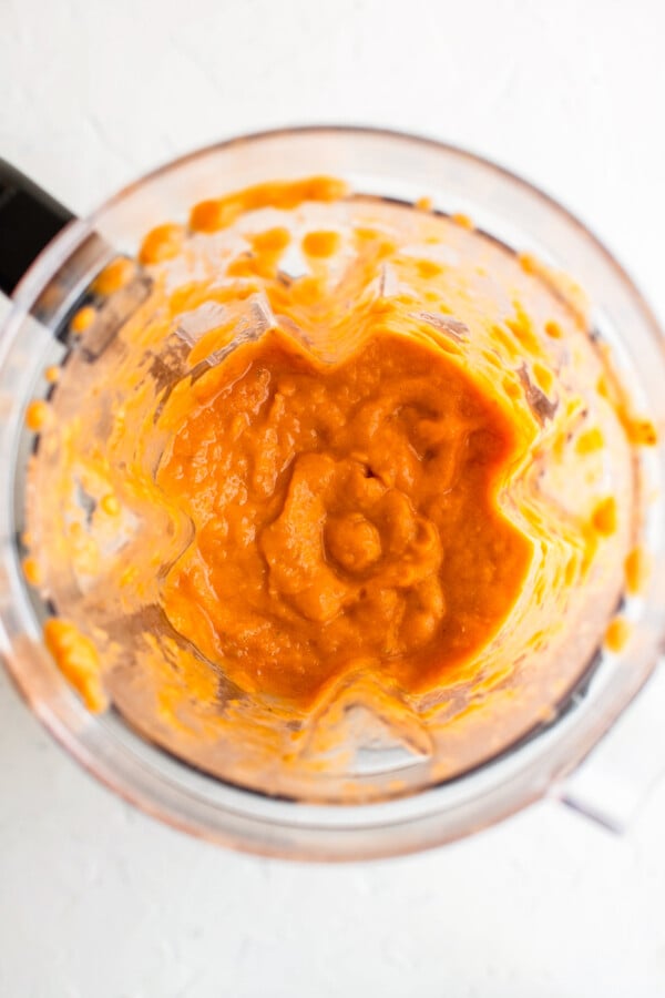Red sauce pureed in a blender.