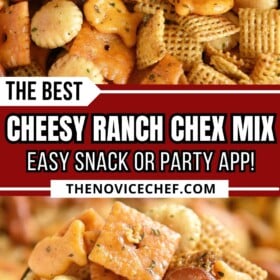Up close image of cheesy ranch Chex mix with ranch seasoning flecks throughout and Chex mix in a jar.