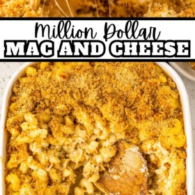 Million dollar Mac and cheese recipe in a casserole dish after baking and a wooden spoon scooping out a cheesy serving.