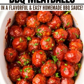 Slow cooker bbq meatballs in a crockpot topped with cilantro.