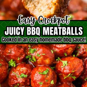 Barbecue meatballs in a slow cooker and a meatball on a fork with a bite taken out of it.