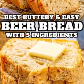 Beer bread sliced and topped with a pad of butter.
