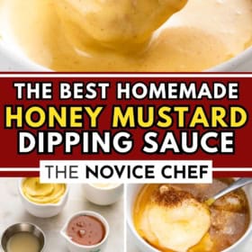 Homemade honey mustard dipping sauce is made with simple ingredients and served with crispy chicken tenders.