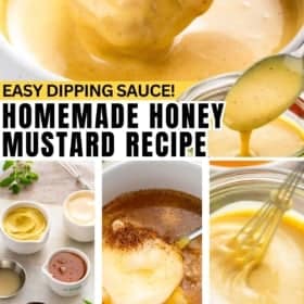 Honey mustard recipe is whisked in a small mixing bowl and served in a jar.