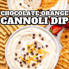 A bowl of chocolate orange cannoli dip in a bowl with cookies and fresh fruit surrounding it for dipping.