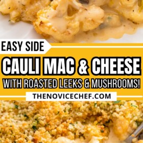 A spoon serving Cauliflower Mac & Cheese out of a casserole dish.