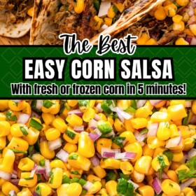 Fresh corn salsa in a bowl and served over tacos.