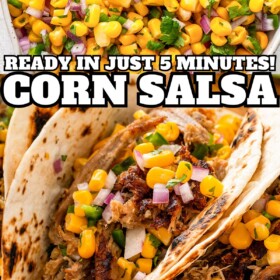 Fresh corn salsa with jalapeños in a bowl and served on top of pork tacos.