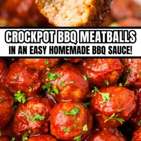 BBQ meatballs in crock pot with homemade bbq sauce and a meatball on a fork with a bite taken out of it.