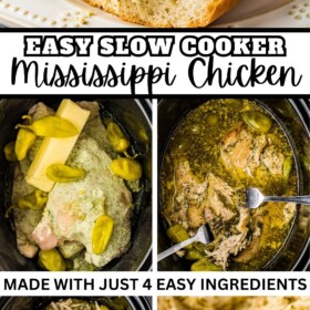 Step by step photos showing Mississippi chicken being made in a slow cooker and served on a plate stuffed inside a roll.