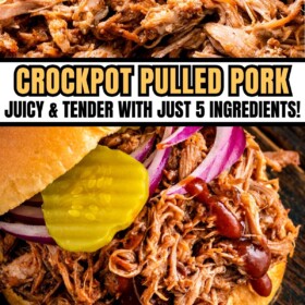 Crock pot pulled pork shredded in a bowl and stuffed into a sandwich with pickles on top.