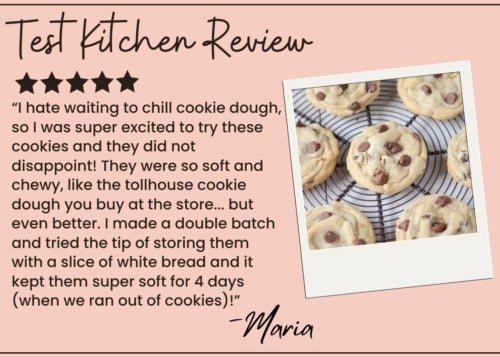 A review card with a five-star rating, a photo of chocolate chip cookies on a cooling rack, and a positive testimonial praising the chocolate chip cookie recipe’s softness and homemade taste, signed by “Maria.”