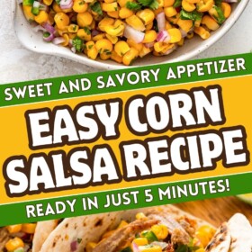 Corn salsa in a bowl and served on top of tacos.
