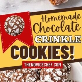 Homemade Chocolate Crinkle Cookies arranged on a plate with a cookie with a bite taken out of it.