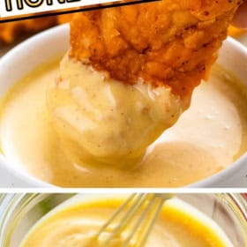 Sweet and tangy dip with chicken tenders is whisked in a bowl.