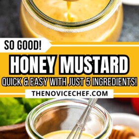 Honey mustard sauce being drizzled off a spoon and a bowl of honey mustard dipping sauce with a whisk.
