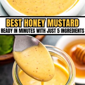 Honey mustard sauce being drizzled off a spoon into a glass jar and served in a white bowl for dipping.