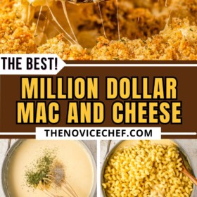 Mac and cheese recipe being prepared in a large pot and put into a casserole dish and baked.