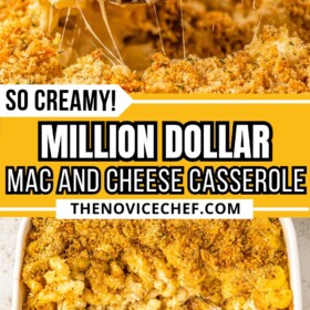 A wooden serving spoon scooping out some million dollar Mac and cheese casserole.