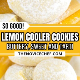Lemon cooler cookies on a yellow napkin with a bite taken out of one cookie.