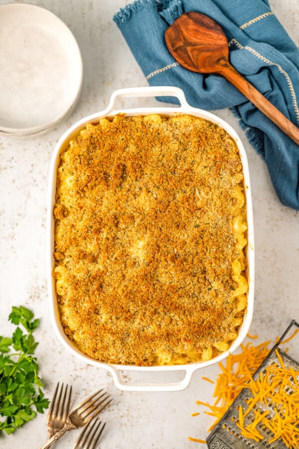 Million dollar Mac and cheese after baking with a crispy, golden brown panko breadcrumb topping.