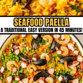 A large pan filled with paella with shrimp, mussels and octopus.