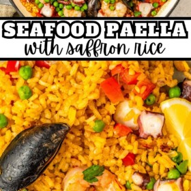 Seafood paella in a large pot and a serving on a plate with a fork.