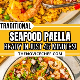 Seafood paella with shrimp, mussels and octopus in a large pan and served on a plate with a fork taking a bite.