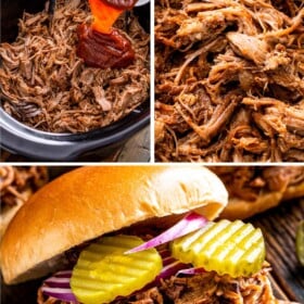 Pulled pork in a crockpot, shredded and stuffed into a sandwich.
