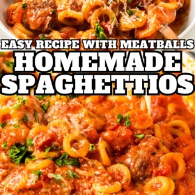A bowl of homemade Spaghettios with meatballs and a large pot filled with pasta.