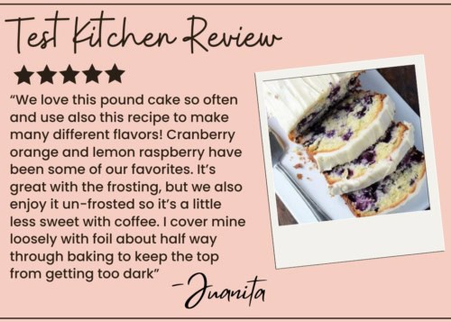 A review for Blueberry Pound Cake features a sliced loaf with visible blueberries on a white plate. The review praises the cake’s versatility and flavor, giving it five stars. The quote is signed by Juanita.