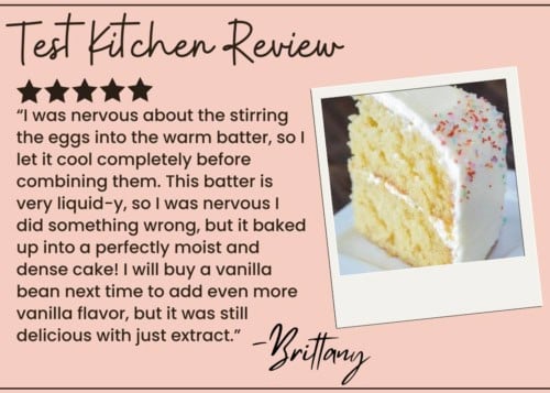 A five-star review with a photo of a slice of vanilla cake topped with white frosting. Reviewer Brittany shares her experience baking this vanilla cake, noting it turned out moist and dense.