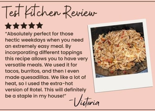 A review card for a shredded chicken recipe features a photo of seasoned shredded chicken in a black pan and a five-star review praising its versatility for chicken tacos, burritos, and quesadillas, signed by Victoria.