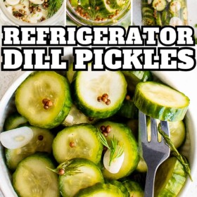 Quick pickles being made in a jar and served in a bowl with a fork stuck into one refrigerator pickle.