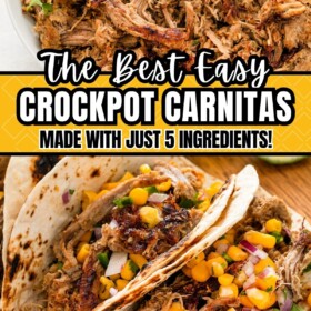 Shredded crock pot carnitas in a bowl topped with cilantro and served in tortillas.