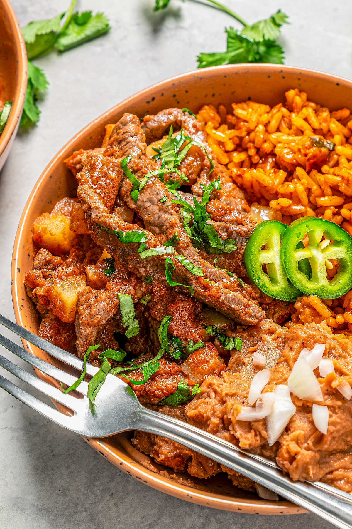 Juicy bistec ranchero in a bowl with refried beans and yellow rice with a fork ready to take a bite.