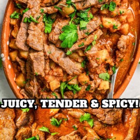 Steak ranchero with potatoes cooked in a savory and spicy tomato sauce in a skillet.