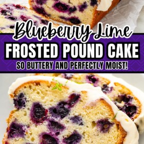 A whole cream cheese pound cake speckled with fresh blueberries and lime zest and a slice of lime blueberry pound cake on a plate.