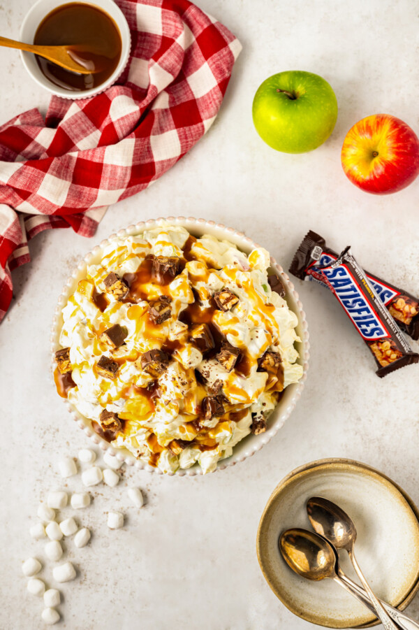 Chilled snickers apple salad in a bowl. 