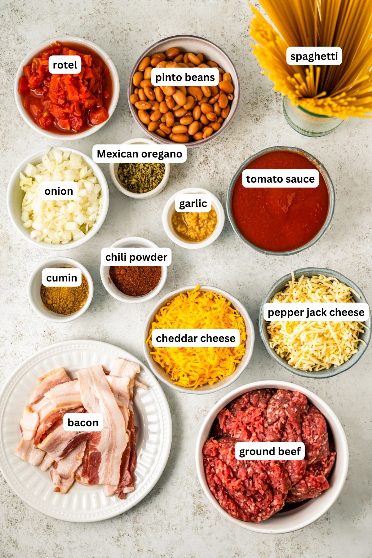 Labeled ingredients for cowboy spaghetti. 