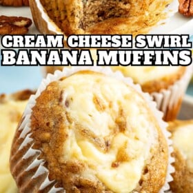 Cream cheese banana muffins baked and a bite taken out of one muffin.