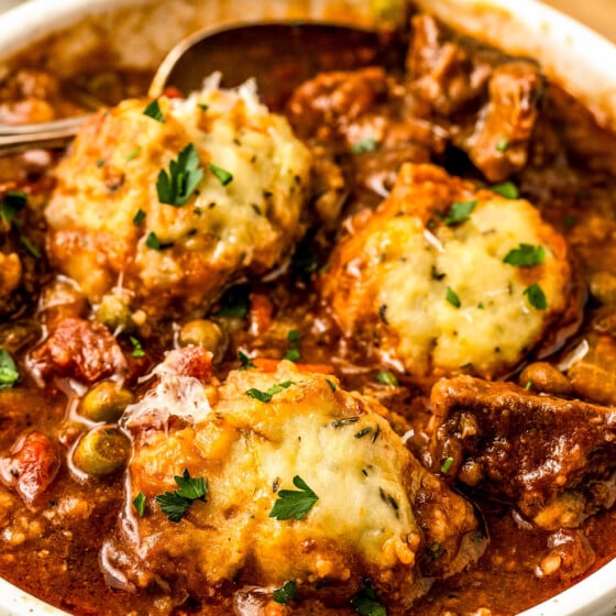 Beef stew recipe with cheesy potato dumplings.