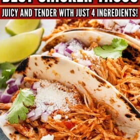 Crockpot chicken taco chicken shredded and served in tortillas with cheese.