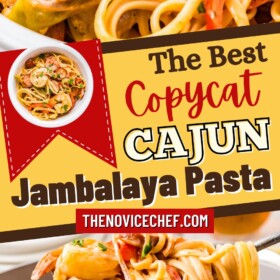 Cajun Jambalaya Pasta being served out of a skillet with tongs and served in a bowl.