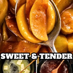 A spoonful of fried apples and four step by step images showing how to make fried apples in a skillet.