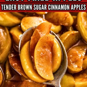 A spoonful of tender fried apples in a sweet cinnamon and brown sugar syrup being lifted out of a bowl.